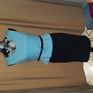 Cato sleeveless turquoise blue & black peplum dress, black belt. EUC. Size 6.
